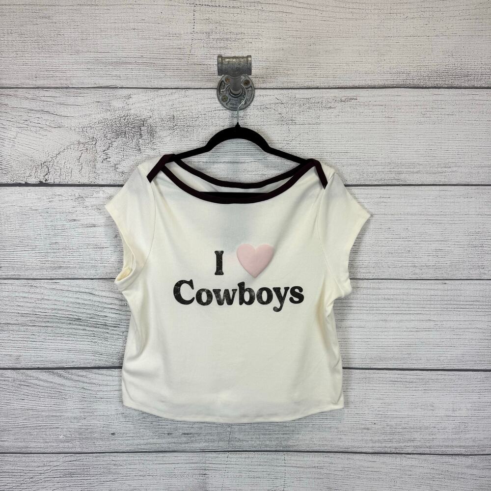 Grayson Threads Plus Size Cream Ribbed I Love Cowboys Crop Tee Size XXL